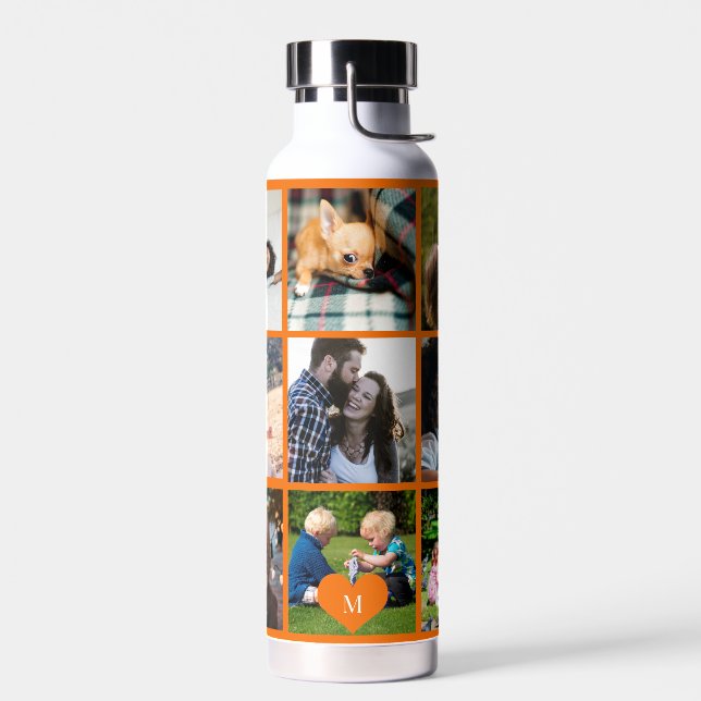 Botella De Agua Naranja moderno personalizado de monograma de foto (Izquierdo)