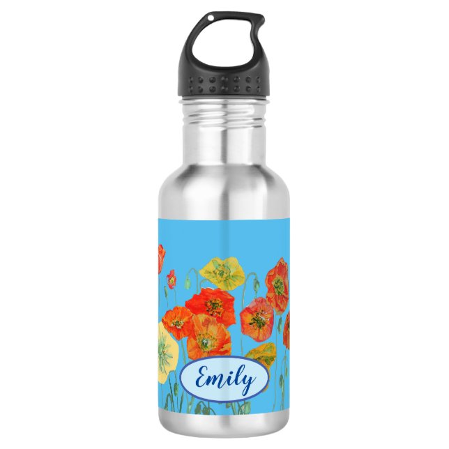 Botella De Agua Naranja Poppies Florales Pastel Azul (Anverso)