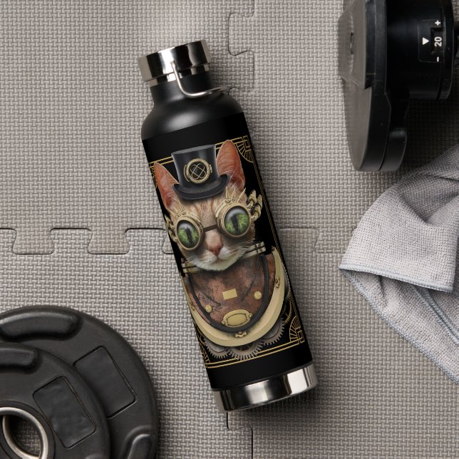 Botella De Agua Naranja Steampunk de Guay Tabby Cat con nombre (Gimnasio)