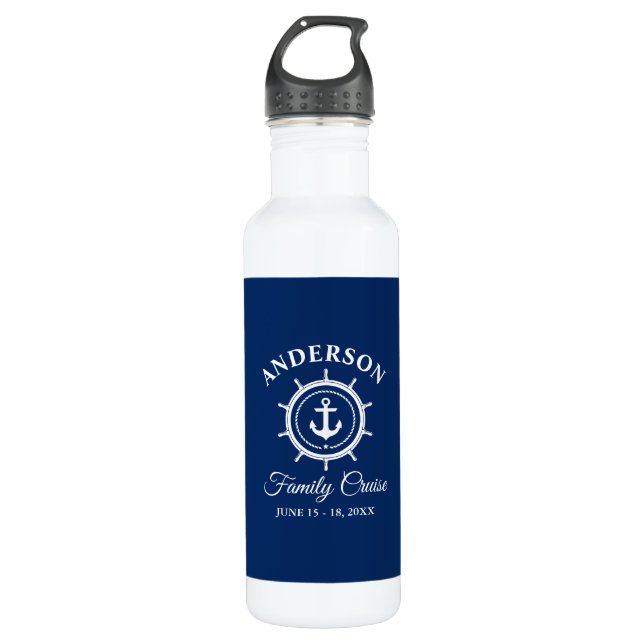 Botella De Agua Nautical Anchor Helm Navy Blue Family Cruise White (Anverso)