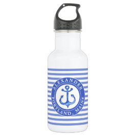 Botella De Agua Nautical Anchor Navy Blue Personalizada