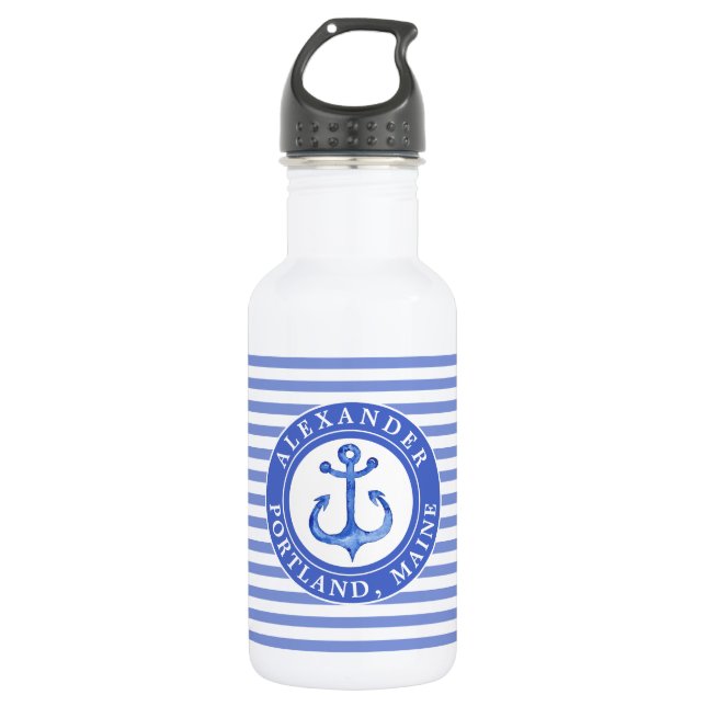 Botella De Agua Nautical Anchor Navy Blue Personalizada  (Anverso)