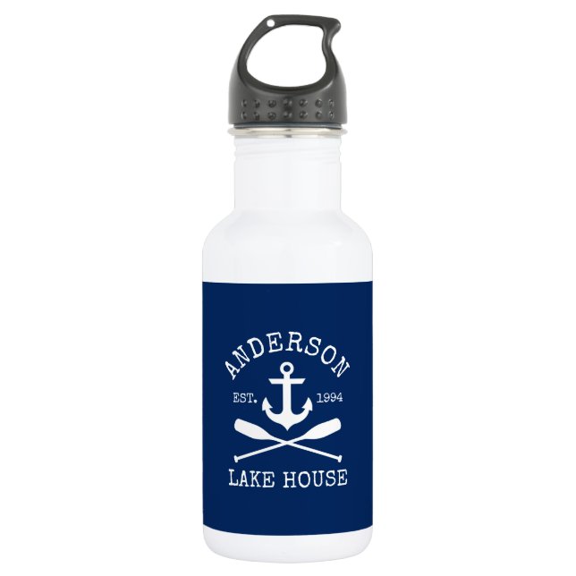 Botella De Agua Nautical Anchor Oars Family Lake House Naval Azul (Anverso)