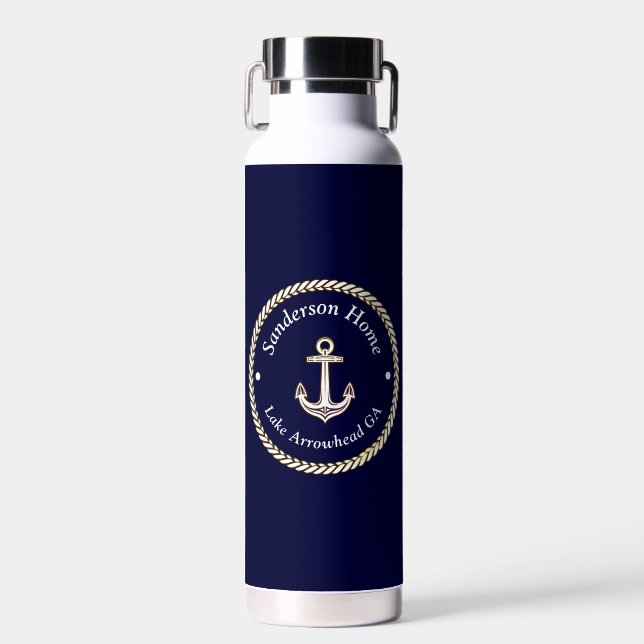 Botella De Agua Nautical Anchor Rope Navy Blue White Monograma Nom (Delantero)