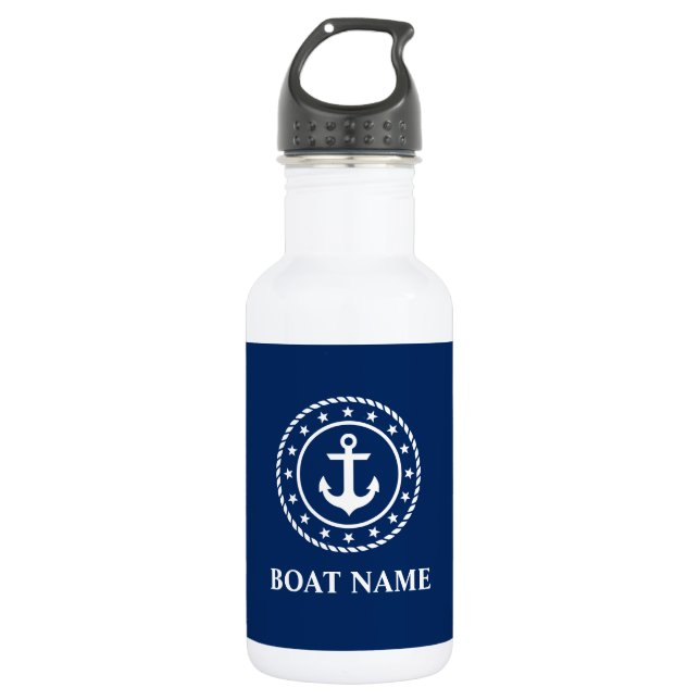 Botella De Agua Nautical Boat Name Stars Anchor Rope Naval Azul (Anverso)