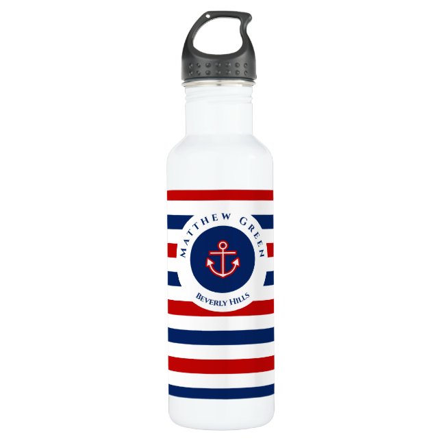 Botella De Agua Nautical Marine Navy Blue Red White Stripes Anchor (Anverso)