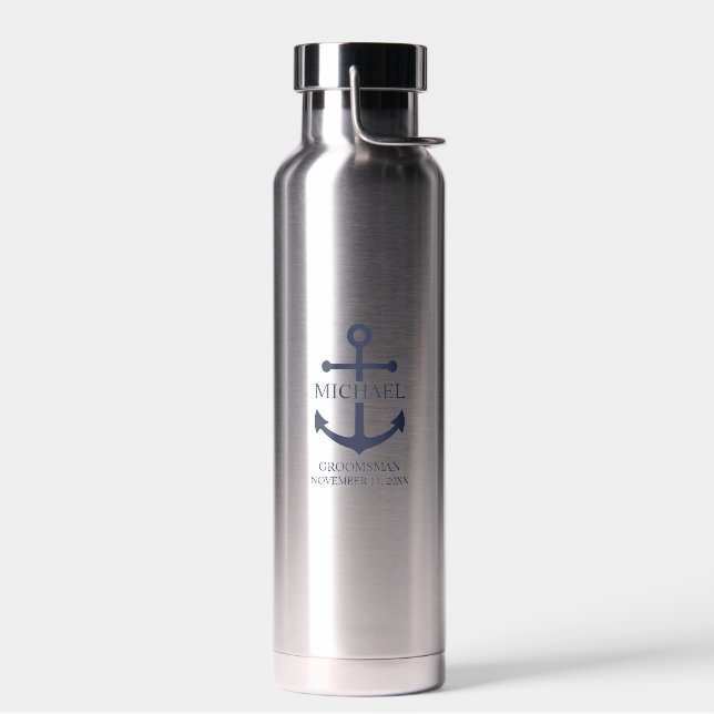 Botella De Agua Nautical Navy Blue Anchor Personalizado Groomsmen (Izquierdo)