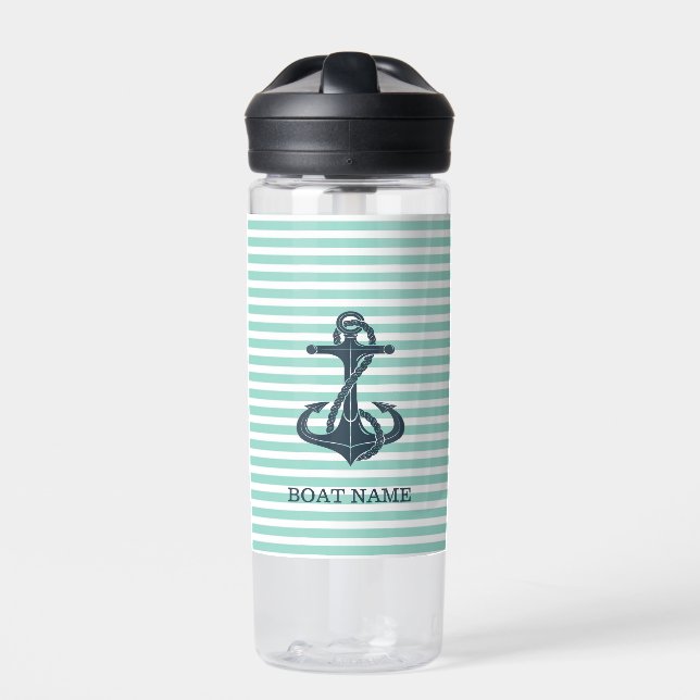 Botella De Agua Náutico,Ancla,Rayas Verde Menta (Delante)