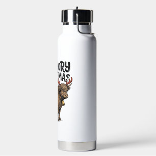 Botella De Agua Navidad Moooory Vaca Highland Grabado Vintage T