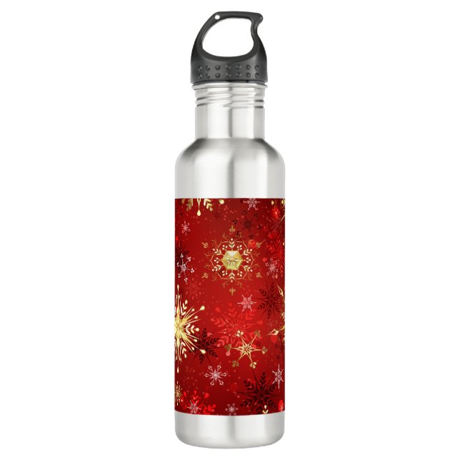 Botella De Agua Navidades Copos de nieve dorados con fondo rojo (Anverso)
