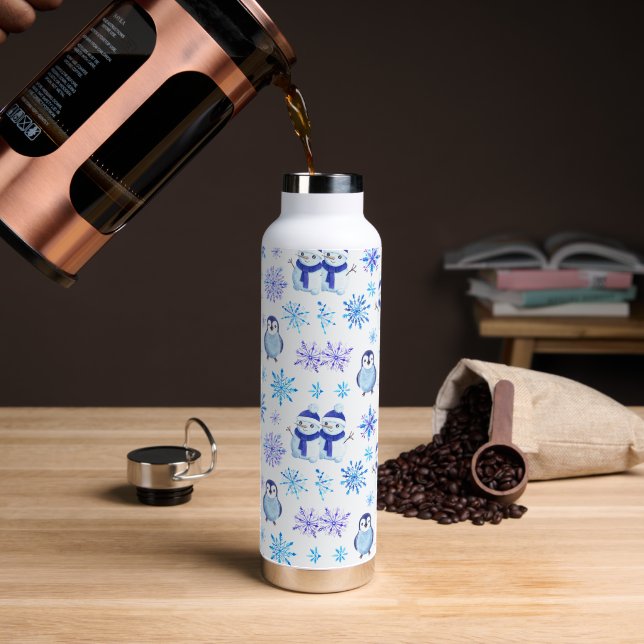 Botella De Agua Navidades Copos de nieve, hombres de nieve y pingü (Café)