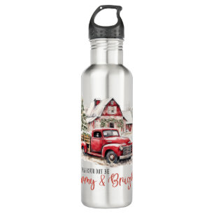 Botella De Agua Navidades de acuarela Camión de época y granero