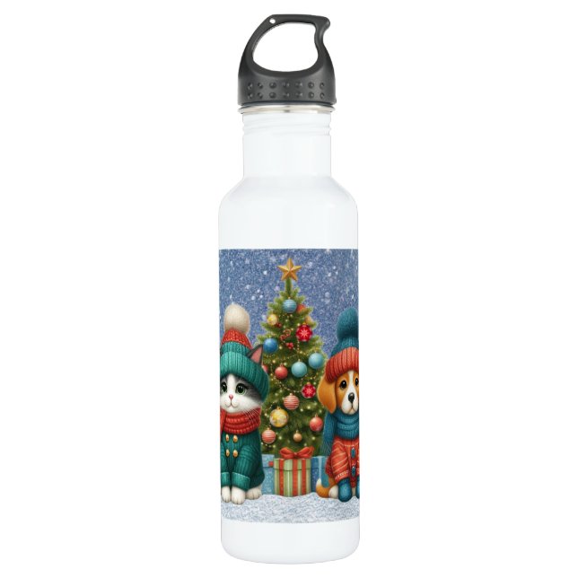 Botella De Agua Navidades de cachorro y gatito (Anverso)