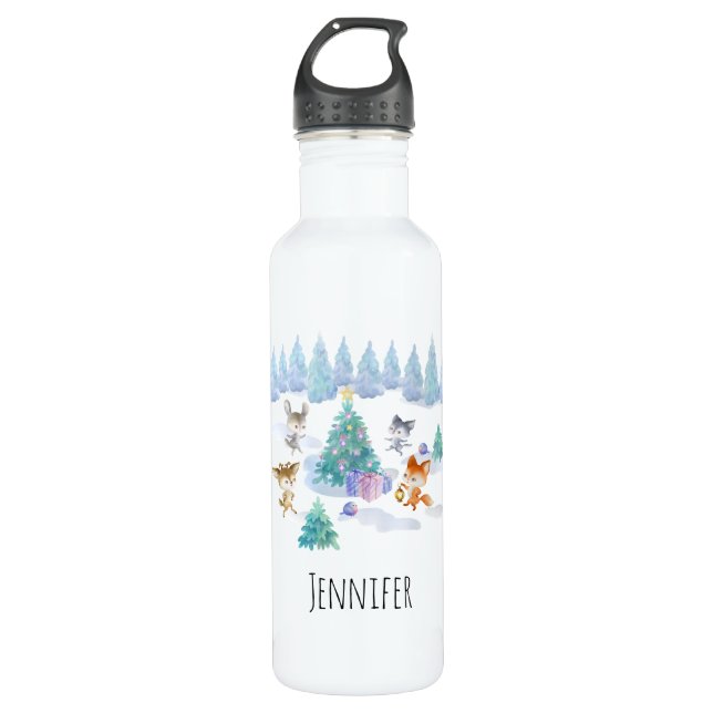 Botella De Agua Navidades de los animales del bosque bailando acua (Anverso)