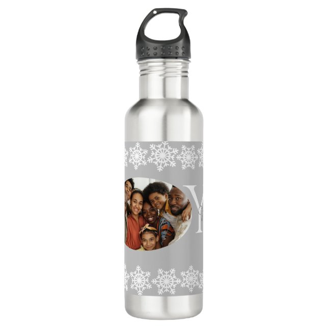 Botella De Agua Navidades familiares "JOY" Copo de nieve gris plat (Anverso)