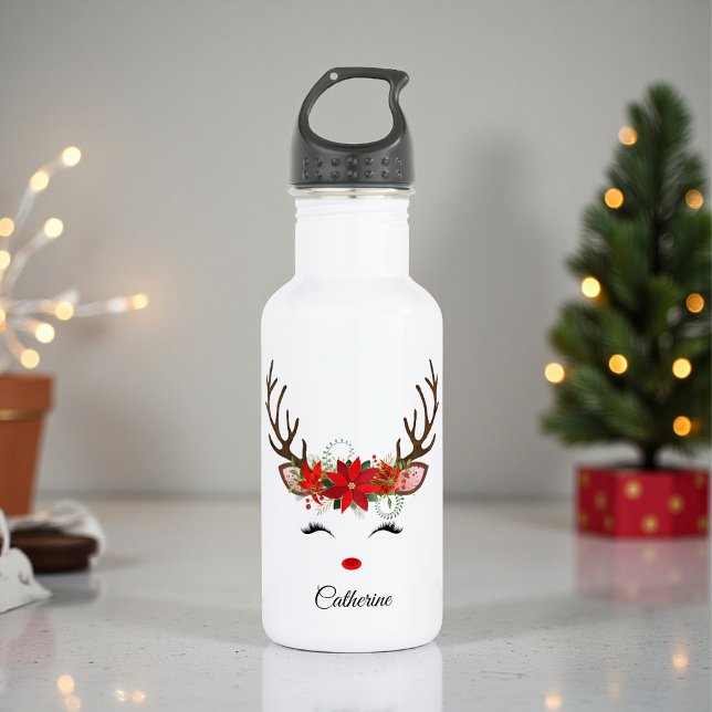 Botella De Agua Navidades florales nombre personalizado reno (Subido por el creador)