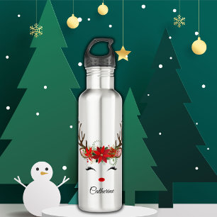 Botella De Agua Navidades florales nombre personalizado reno