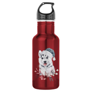 Botella De Agua Navidades Husky Dog en Santa Hat