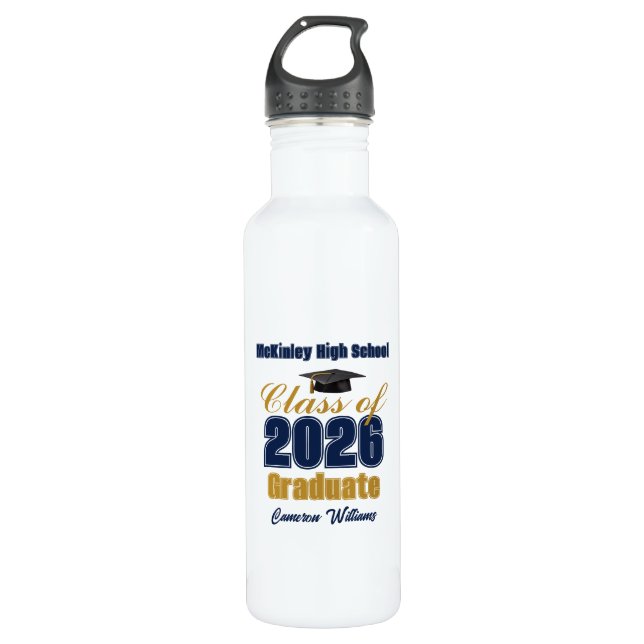 Botella De Agua Navy Blue Gold Class of 2026 Custom Graduation (Anverso)