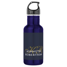 Botella De Agua Navy Blue Minimalist Monogram Gold White Men Chic 