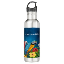 Botella De Agua Navy blue parrots birds name script