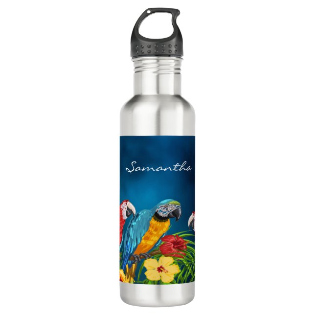 Botella De Agua Navy blue parrots birds name script (Anverso)