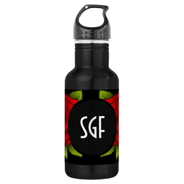 Botella de agua negra con patrón de flor de rosa r (Anverso)