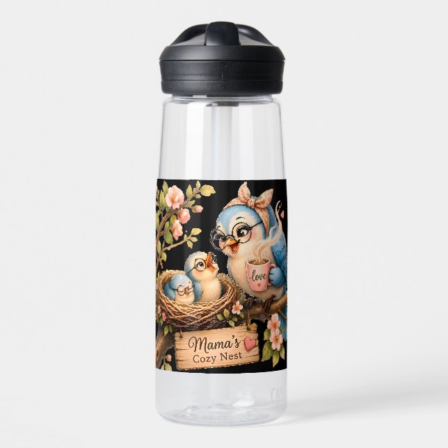 Botella de agua negra Nido acogedor de mamá (Delante)