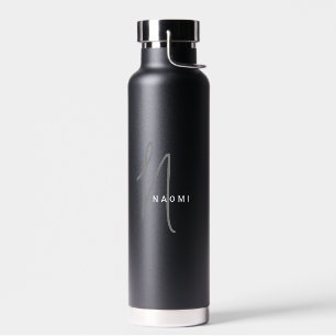 Botella De Agua Negra   Personalizado Monograma Nombre de guión Es