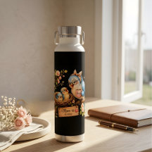 Botella de agua negra regalo de pájaro mamá está e