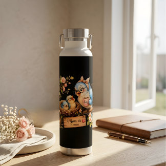 Botella de agua negra regalo de pájaro mamá está e