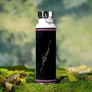 Botella De Agua Negro Blanco Rosa Caliente Elegante Nombre Moderno