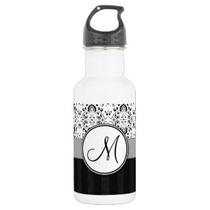 Botella De Agua Negro sobre Damasco blanco y franjas con monograma