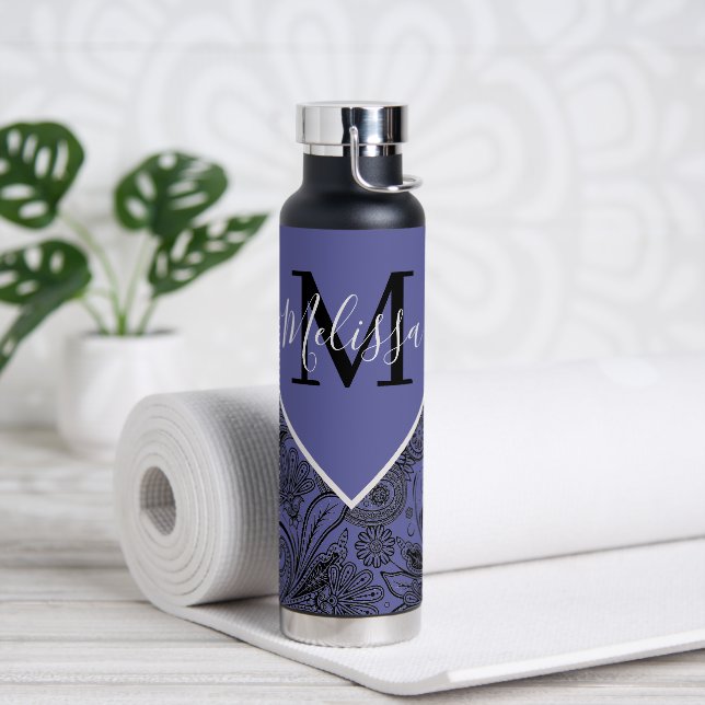 Botella De Agua Negro y paisley pervinca    (Yoga)