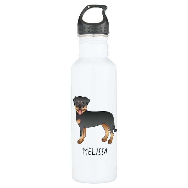 Botella De Agua Negro Y Tan Rottweiler Cute Cartog Perro Y Nombre (Anverso)