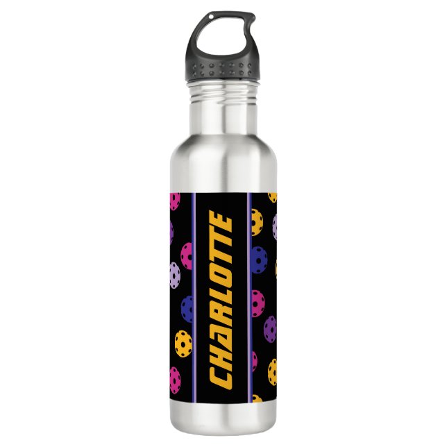 Botella De Agua Neon en baloncesto negro, texto personalizado (Anverso)