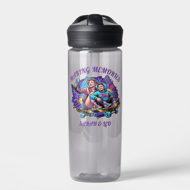 Botella De Agua Neon Graffiti Cool Mom & Son Skateboard Water Bott (Delante)
