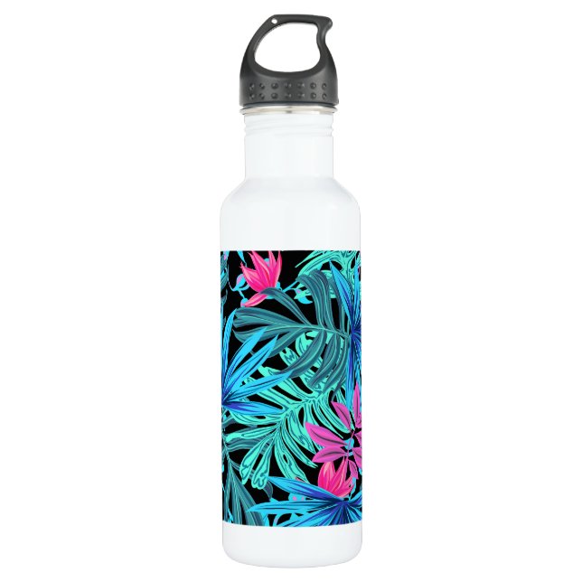 Botella De Agua Neon Pink and Blue Tropical Plant Pattern (Anverso)