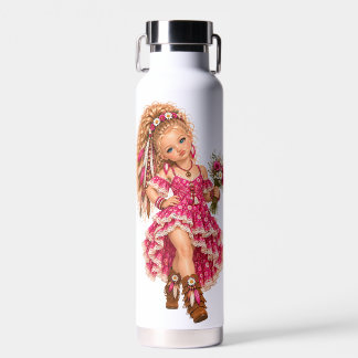 Botella De Agua Niña Flor Rosa y Azul Boho