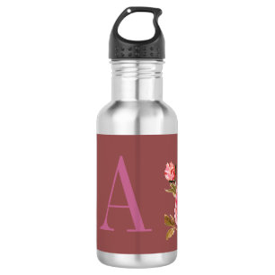 Botella De Agua Niña floral Monogramada polvorienta rosa