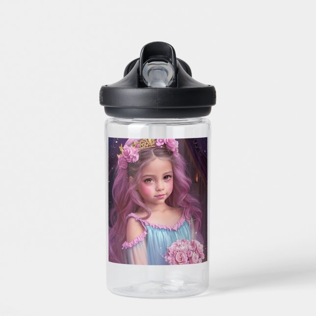 Botella De Agua Niña Hermosa Personalizada con Flores Rosas  (Delante)