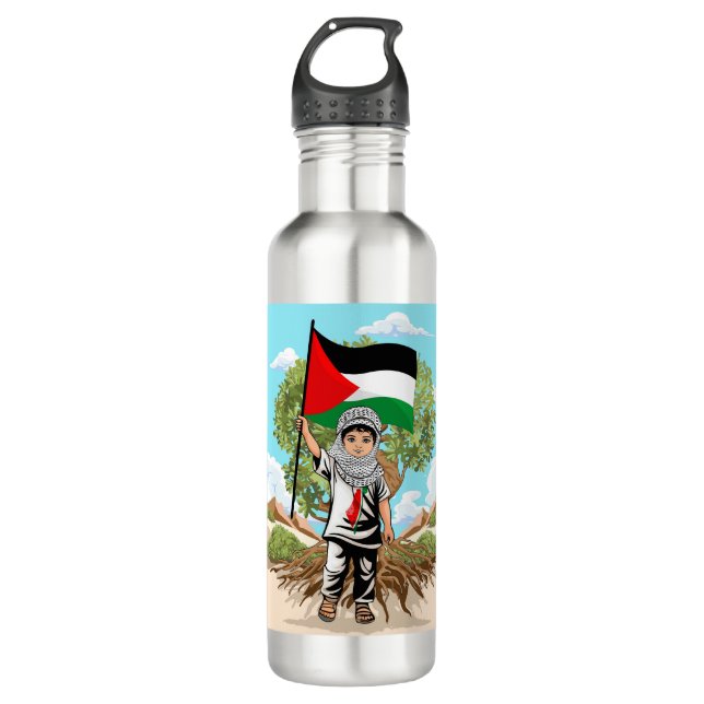 Botella De Agua Niño con bandera palestina de Keffiyeh y olivo (Anverso)