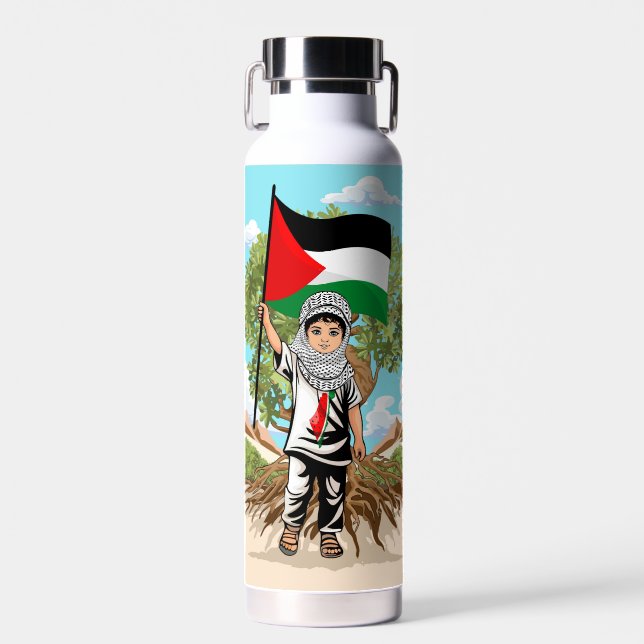 Botella De Agua Niño con bandera palestina de Keffiyeh y olivo (Delantero)