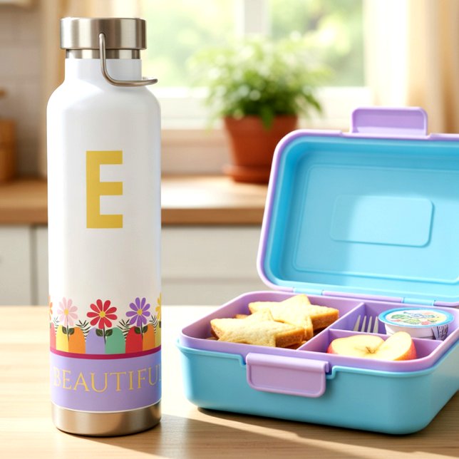 Botella De Agua Niños con Frases Adorables (Beautiful floral bottle keeps drinks fresh. custom initial and quote of your choice.)