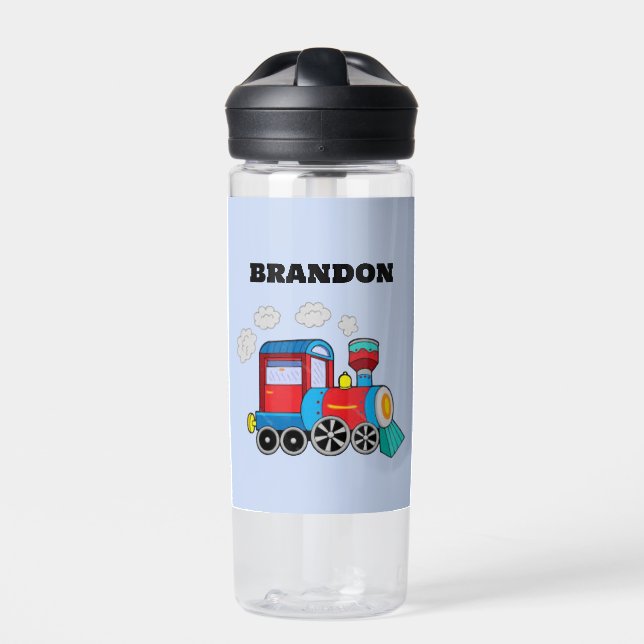 Botella De Agua Niños Tren Niños Nombre personalizado azul (Delante)