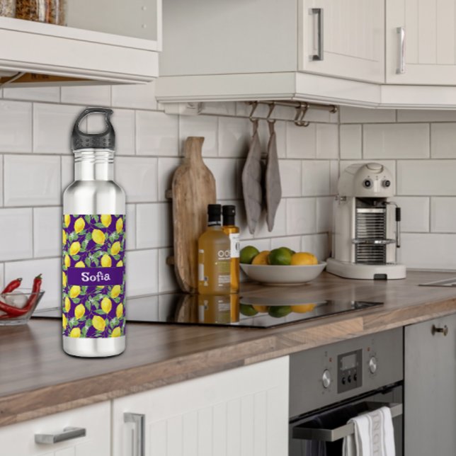 Botella De Agua Nombra de patrón de limón amarillo acuarela púrpur (Subido por el creador)