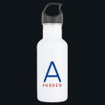 Botella De Agua Nombre azul blanco rojo moderno personalizado inic<br><div class="desc">Nombre personalizado rojo, blanco y azul y carta inicial botella de agua de acero inoxidable con un Monograma Personalizado en un moderno y minimalista sans clásico, fuente serif, para un sencillo pero sofisticado y masculino. Mostrado en rojo y azul sobre una botella blanca de agua metálica, los colores del texto...</div>