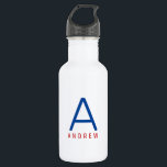 Botella De Agua Nombre azul blanco rojo moderno personalizado inic<br><div class="desc">Nombre personalizado rojo, blanco y azul y carta inicial botella de agua de acero inoxidable con un Monograma Personalizado en un moderno y minimalista sans clásico, fuente serif, para un sencillo pero sofisticado y masculino. Mostrado en rojo y azul sobre una botella blanca de agua metálica, los colores del texto...</div>