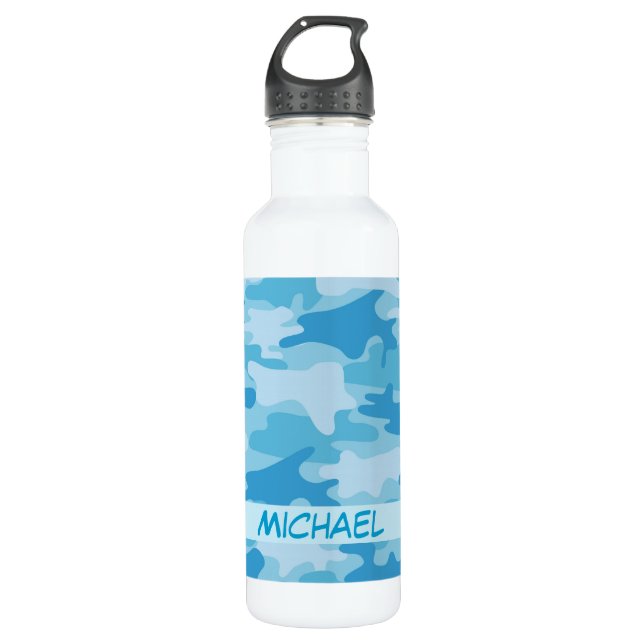 Botella De Agua Nombre azul del camuflaje de Camo personalizado (Anverso)