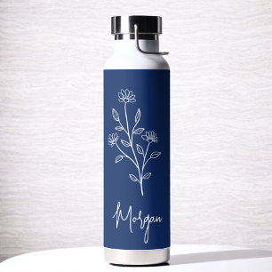 Botella De Agua Nombre Azul Marino Floral Despedida de Soltera Nup